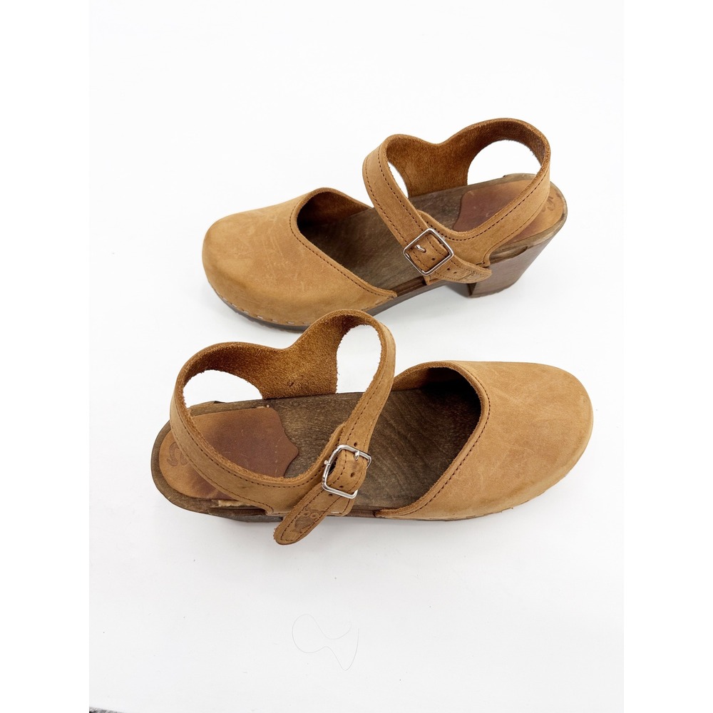 Sandgrens Handmade Swedish Tan Nubuck Leather Wooden Platform Clog Size 39 8-8.5 - Picture 13 of 14